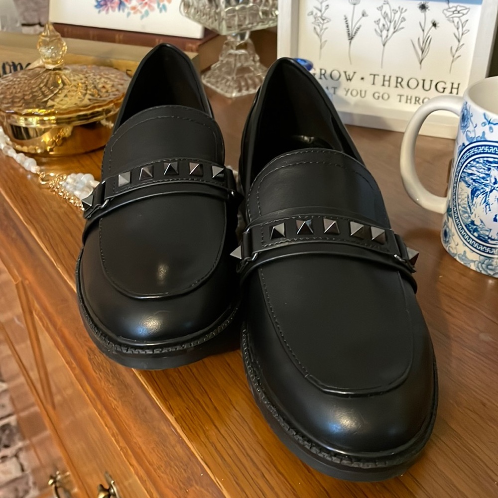 Marc Fisher black leather loafers, with studs
